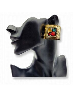 Oversized Vintage Gold Tone Square Sparkling Colourful Clip On Earrings